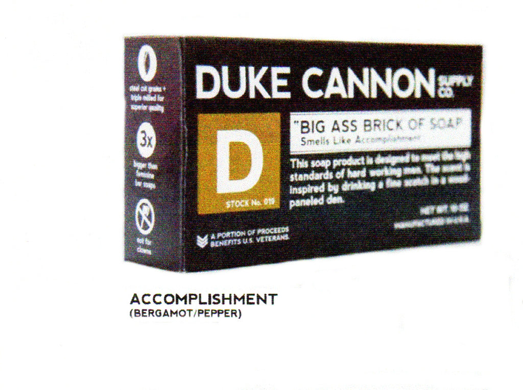 Duke Cannon Big Ass Bar of Soap Smells Like Accomplishment comes in a Unique Package of 3X the size of a regular bar of soap. It is scented with Bergamot and Pepper.