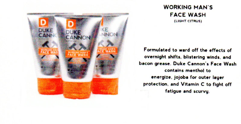 Duke Cannon Working Mans Face Wash has a light sent of Citrus and also Smells Like Productivity.