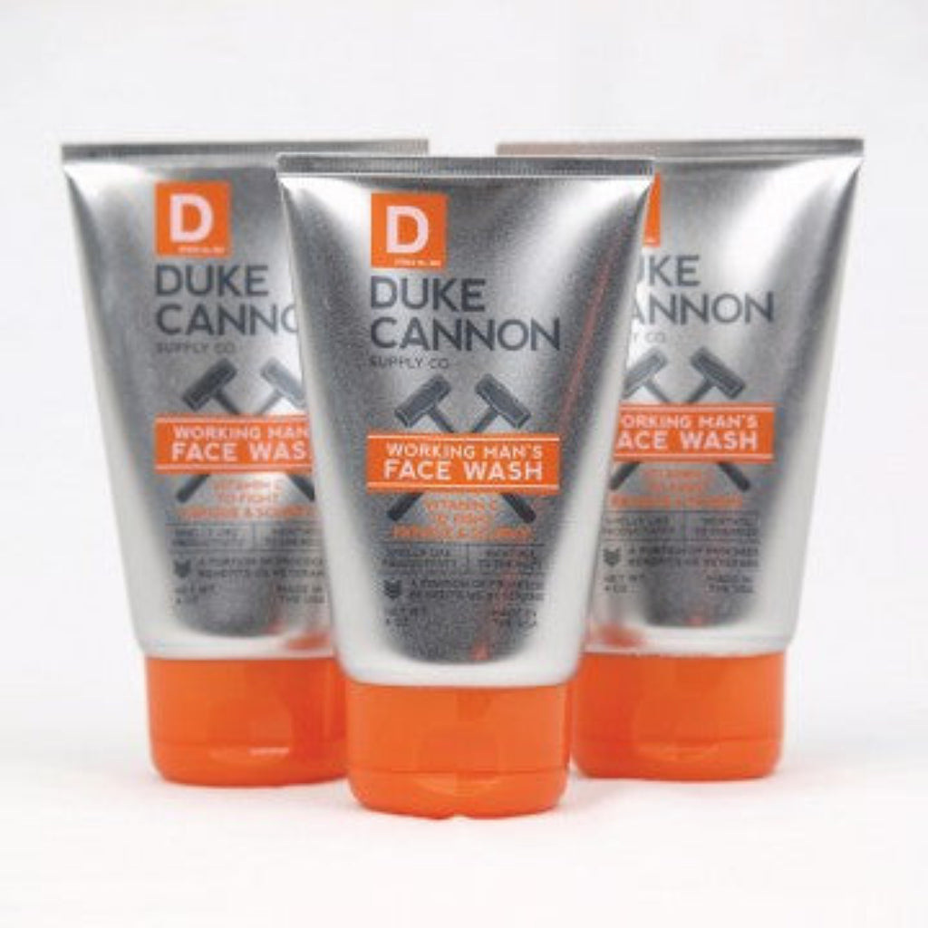 Duke Cannon Working Mans Face Wash Smells Like Productivity, it has Vitamin C to Fight Fatigue and Menthol to Energize.