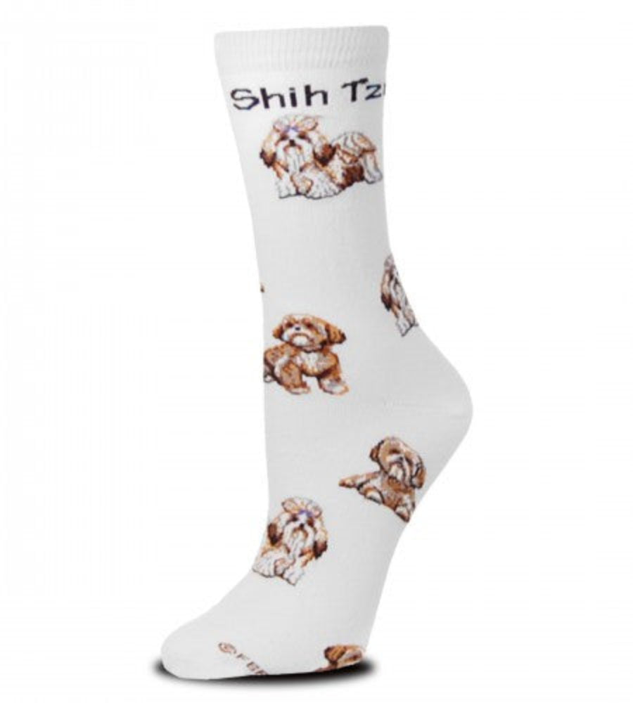FBF Shih Tzu Poses 2 Socks have different colored Shih Tzu dogs posed from the Cuff to the Toe on a Bright White background.
