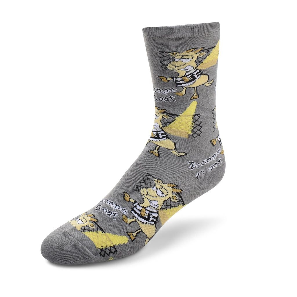 FBF Escape Goat Sock starts on a Steal background. The Goat is dressed in a Black and White Striped Penitentiary Shirt. The Goat is Flax and His Hooves and Horns are Ecru. The Spotlight is Yellow and the Fence is Black. All over the Sock are the words, "Escape Goat", in Black and White background.