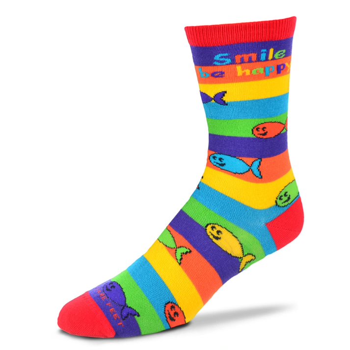 For Bare Feet Happy Fish Sock has a background of Rainbow Stripes. The Cuffs, Heels, and Toes are Red. The other colors are Purple, Orange, Yellow, Blue, and Green then they repeat starting with Purple. The Fish are all the same color with Black outlines and Faces all Happy Smiles. What color Fish is Missing? At the Top is "Smile be Happy"