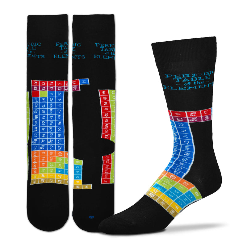 On a Black background the Periodic Table of the Elements are in Bright Colors on this Sock. I