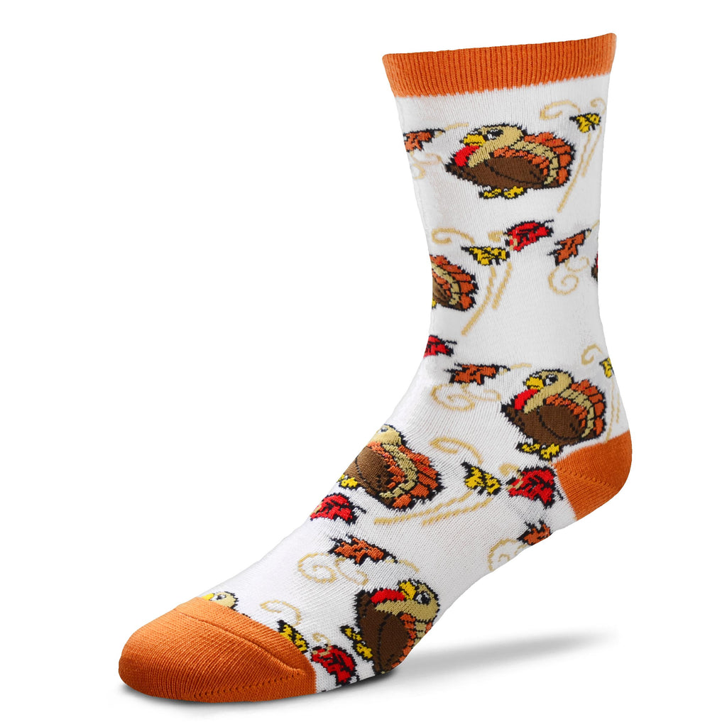 For Bare Feet uses Wisps of Wind to Show Fall Leaves Flying around this Sock. FBF Turkey Sock is on a White background with Pumpkin Cuffs, Heels and Toes. The Leaves are Yellow, Red and Pumpkin. The Turkey is a cute Graphic in Pumpkin, Sand and Chocolate. Yellow for Beak and Feet, Red for his Wattle.