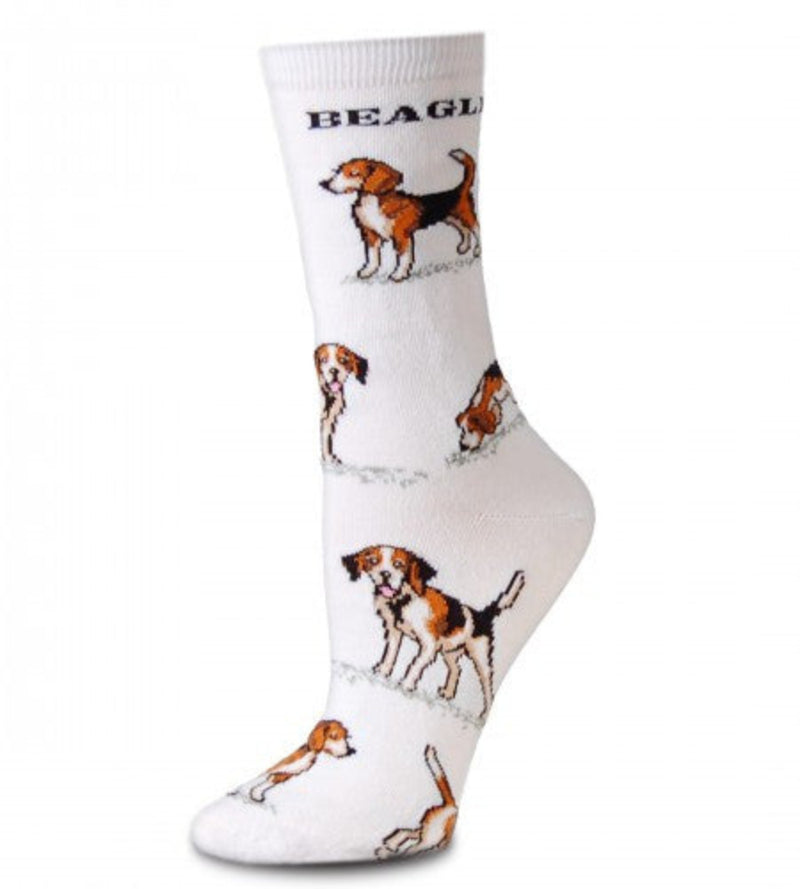 FBF Beagle Poses 2 Socks start on White. Beagle is written under the Cuff. Beagles in Dark Brown, Black and White are in Poses all over the Sock.