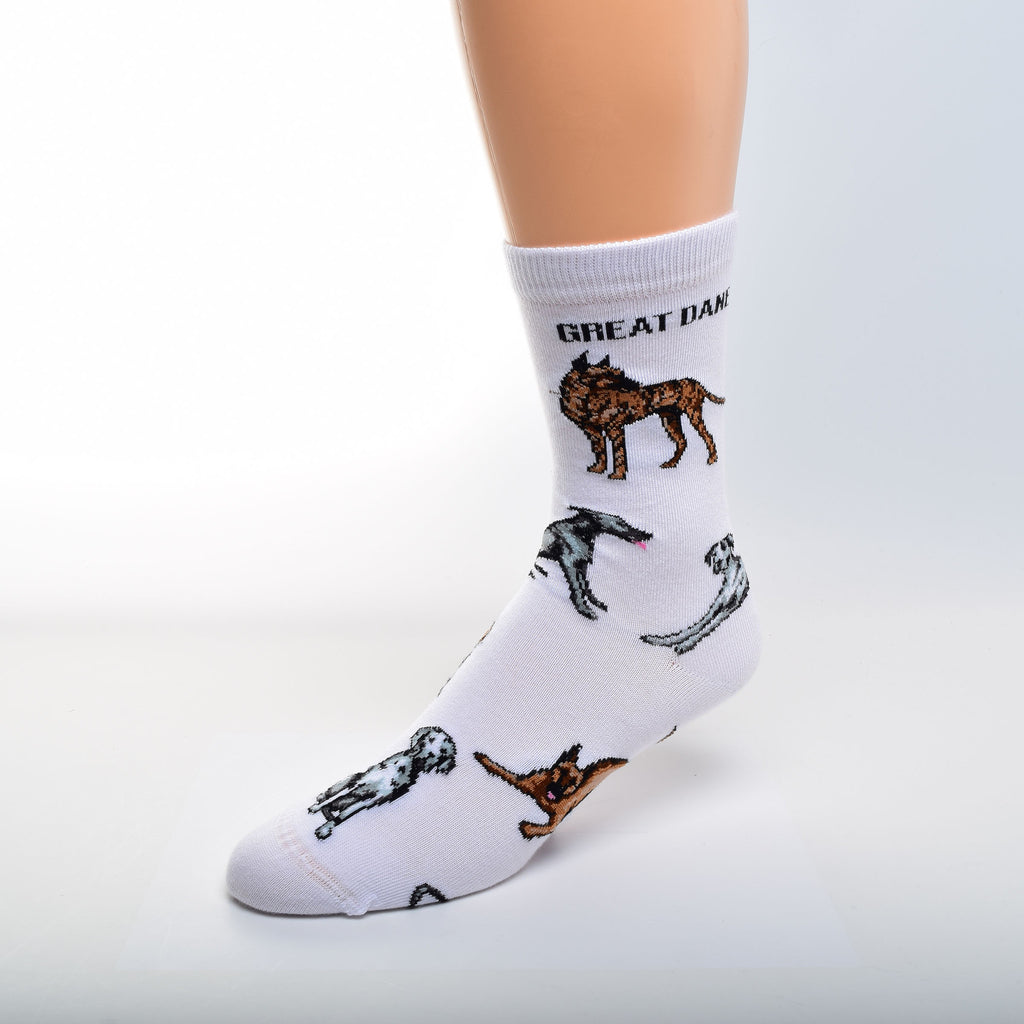 On a field of Bright White For Bare Feet gives us Great Dane Poses Socks with Great Dane in bold Black Print. Then gives us different Colors of Great Danes in Poses. Standing, Bending forward asking to Play, Sitting and Laying Down. Colors are Brindle, Tan, Blue and Black and White.