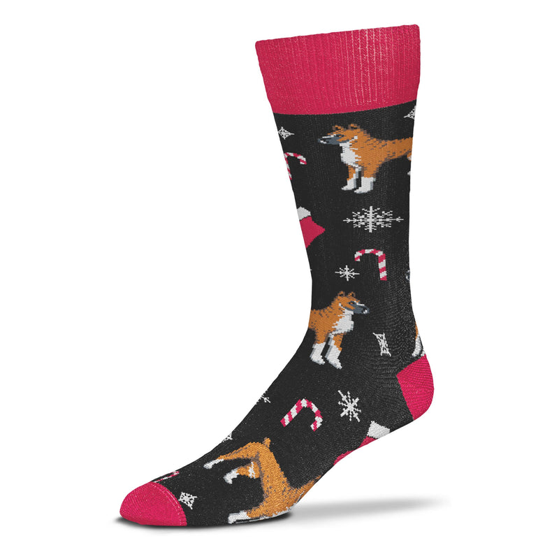 The Boxer For Bare Feet Holly Dog Sock starts with Red Cuffs, Heels and Toes. The Boxer is Posed around the Sock with Snowflakes, Candy Canes and Surprises.