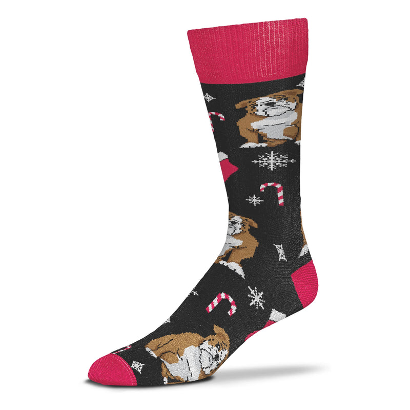 For Bare Feet Holly Dogs Bulldog starts with Black background and Red Cuffs, Heels and Toes. The Bulldog is posed looking out at you with Holiday Decorations all around.