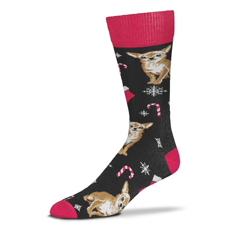 This For Bare Feet Chihuahua is posed as a Holly Dog Holiday helper bringing many decorations to your Sock on a Black background with Red Cuffs, Heels and Toes.