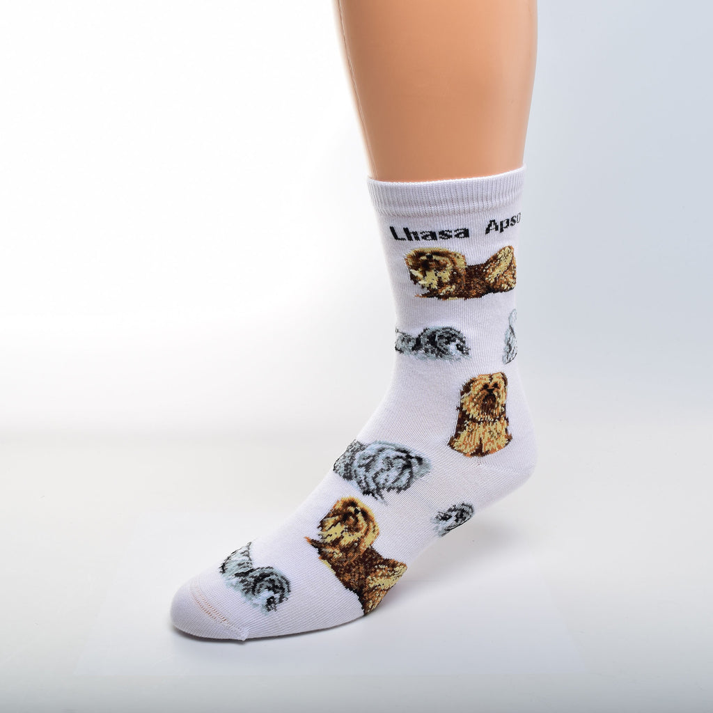 For Bare Feet Lhasa Apso Poses Sock shows to colors that the Lhasa Apso comes in both are Grizzles of Red Gold and White, Black and Blue. They are in Poses of Standing, Sitting and Laying Down.