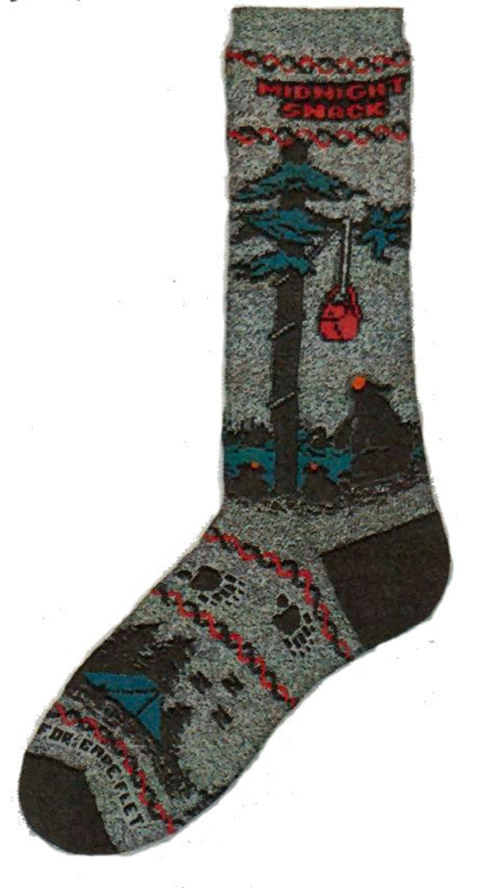 FBF Midnight Snack Sock is all about Bears trying to get food down out of a tree that has been hung on a rope by nearby campers.