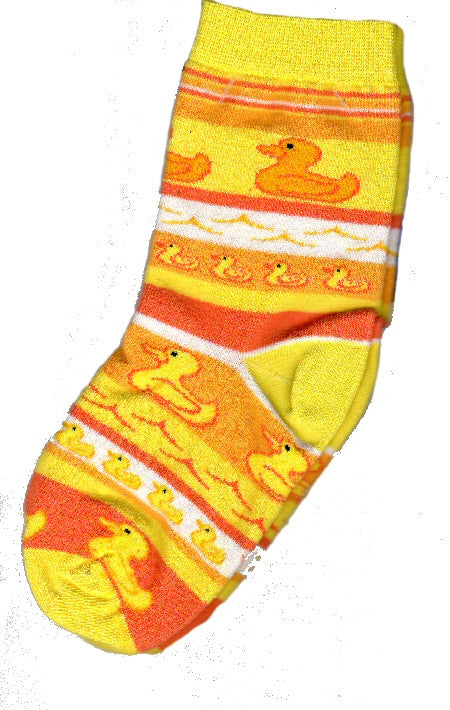 Bright Yellows and Oranges make up this sock with Little Rubber Ducks in the rows.