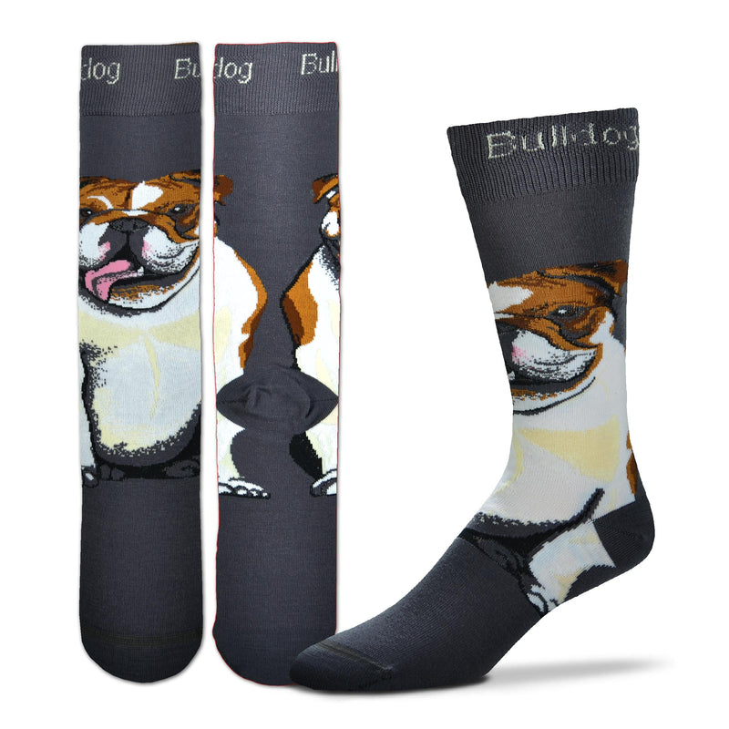 On a Charcoal base FBF Realistic Bulldog Sock has the Bulldog sitting at the top of the Foot rising up the Calf. The Bulldog is White Russet Seal Brown and Flax with a One Tone Rose Tongue coming out of its mouth to give you a big lick hello.