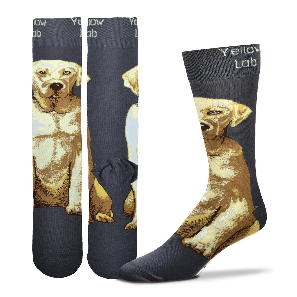 For Bare Feet Realistic Yellow Lab Sock starts on a background of Charcoal. Yellow Lab reads at the Cuff. On the Chin and down to the top of the foot sits the Yellow Lab.