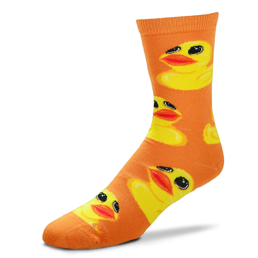For Bare Feet Rubber Duck Jumbo Eyes Sock starts on an Orange background. The Rubber Ducks are Yellow with Big Black Eyes.