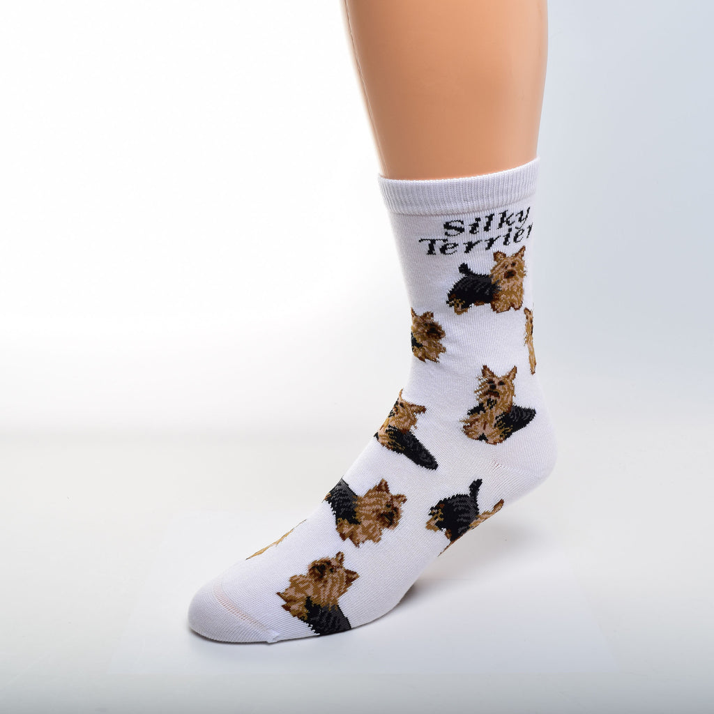For Bare Feet Silky Terrier Poses Sock has two different Stances and one pose of the Silky Laying Down. The Silky Terrier is Black and Tan and also showing Grey for Silver so also could be a Silver Black and Tan Silky. Silky Terrier is written on the top in Bold Black print and this is on a solid White background.