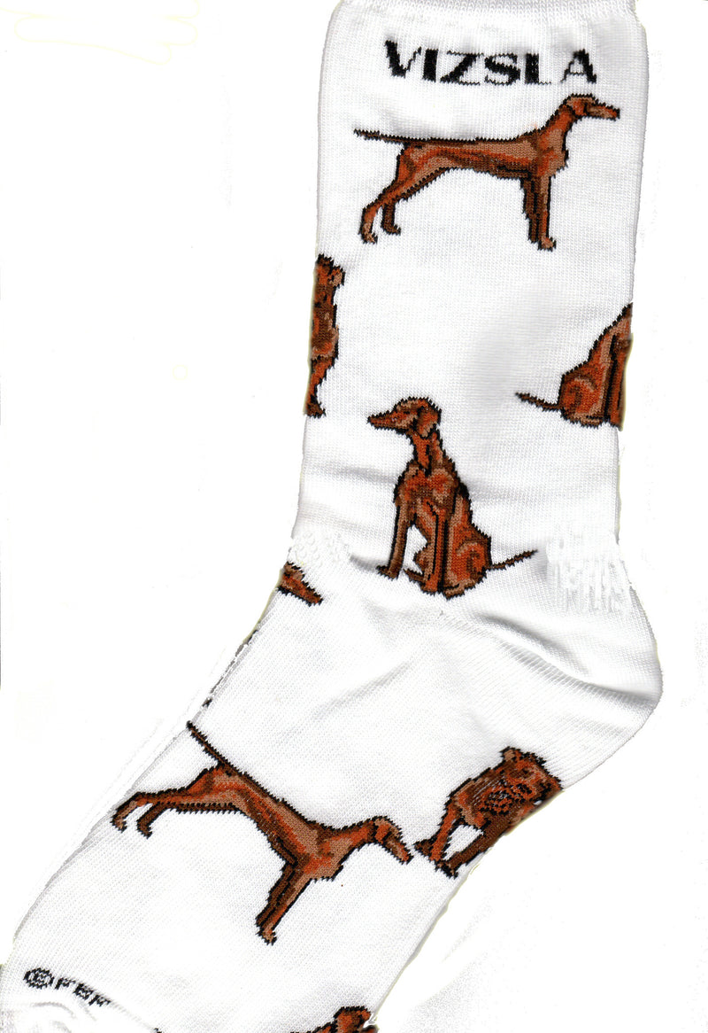For Bare Feet designed Vizsla Poses with wonderful detail. On a White background under the Cuff on both sides reads, "Vizsla". Then you see a Vizsla in Golden Rust color in a perfect Show Stance on one side and the other of the Vizsla Sitting. The Third Pose is of the Vizsla trotting towards you.