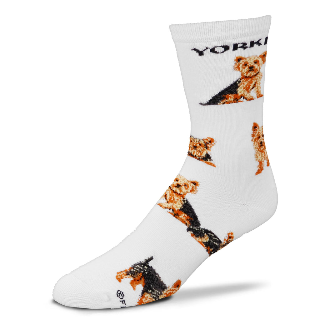 For Bare Feet Yorkie Poses 2 Sock starts on a Bright White background. Below the Cuff reads, "Yorkie" in Bold Black Letters. Below are Poses of a Yorkie Sitting Standing and Laying Down.