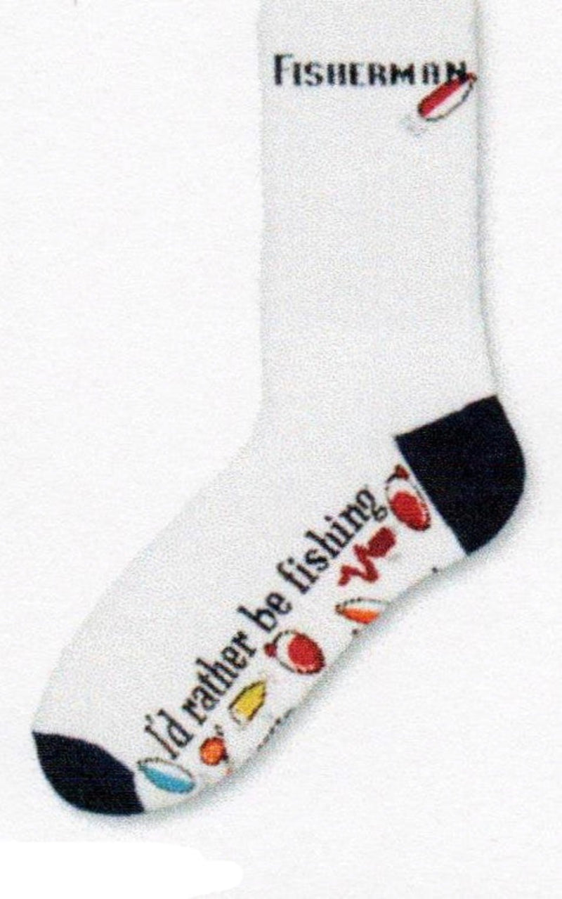 FBF Fisherman Sock starts on a Bright White background at the Top it says, "Fisherman" with a Lure attached. The Heels and Toes are Navy. In the middle in Navy reads, "I'd Rather Be Fishing". Under this are Brightly Colored Lures, Bobbers and Bait.