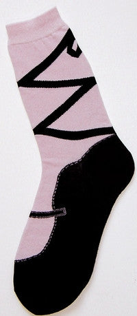 Foot Traffic Ballet Shoe Sock starts out with a Pink top from the Cuff to the top of the foot. Then Black Laces tied with a bow at the back of the leg move down to the Slipper which has the Black Elastic Band over the Foot. Pink stitching finishes off the around the shoe.
