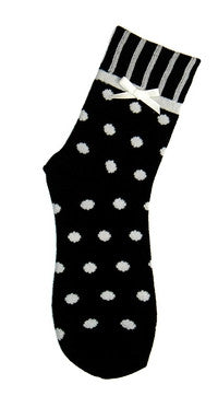 Foot Traffic Bow Tie Polka Dot Black Sock has Ivory Dots all over the Sock. The Heels and Toes are Black. The Cuff is Vertical Rows of Black and Ivory. Below the Cuff is a Bow Tie in Ivory.