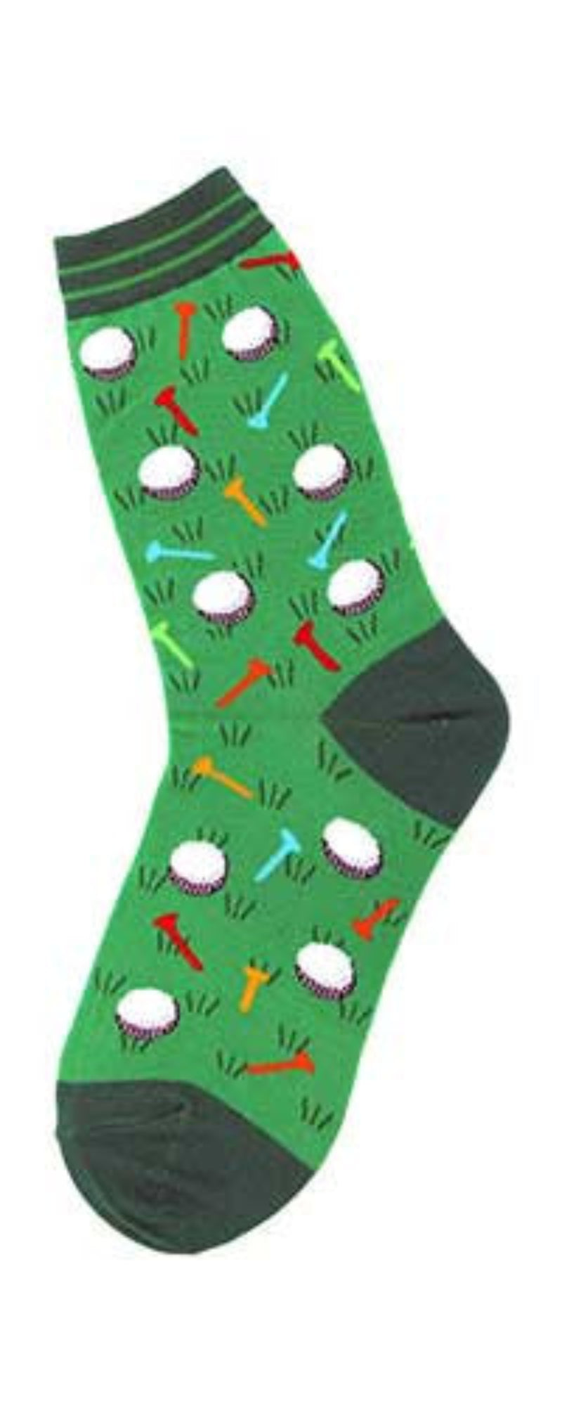 Foot Traffic Golf Socks for Women starts with Lincoln Green Lime Green Striped Cuff. The Heel, Toes and Rough are Lincoln Green. Lime Green is the main Grass. The Balls are White and Black. The Tees are Red, Orange, Bright Lime Green, Turquoise and Orange-Red.