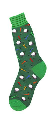 Foot Traffic Golf Socks for Men starts with a Lime Green Cuff with Small Rows of Lincoln Green. Lincoln Green is the main Grass. Toes and Heels are Lime Green. The Balls are White and Black. The Tees are Bright Colors of Red, Orange, Orange-Red and Blue.