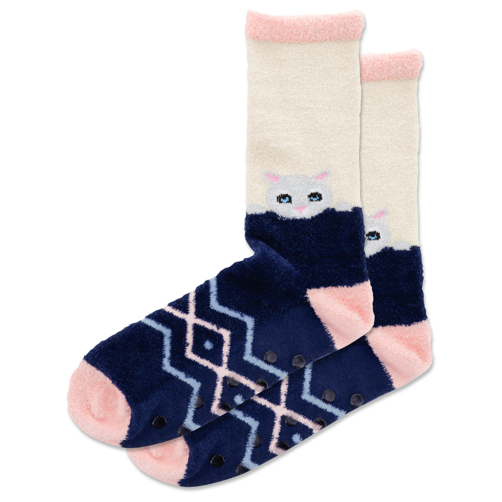 Hot Sox Womens Slipper Cat Non-Skid Crew Sock has Melon Cuffs, Heels and Toes. The Slipper holds a surprise peaking out. A head of a Cat. Grey with Face Tang Blue Eyes and Rose Pink Ears.