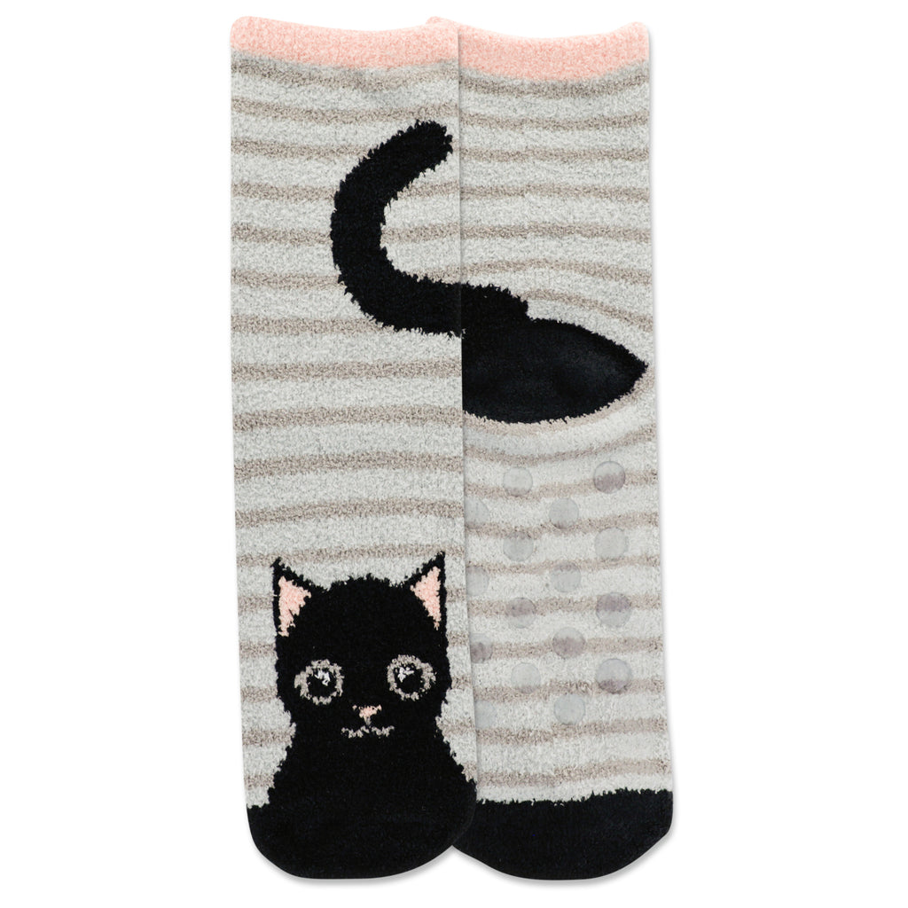 Hot Sox Womens Cat Cozy Short Non-Skid Socks are a Short Crew AKA Ankle Sock. It has a Black Cat with Grey Background. Umber Stripes and Face Details. Coral Pink finishes the Ears and Nose.