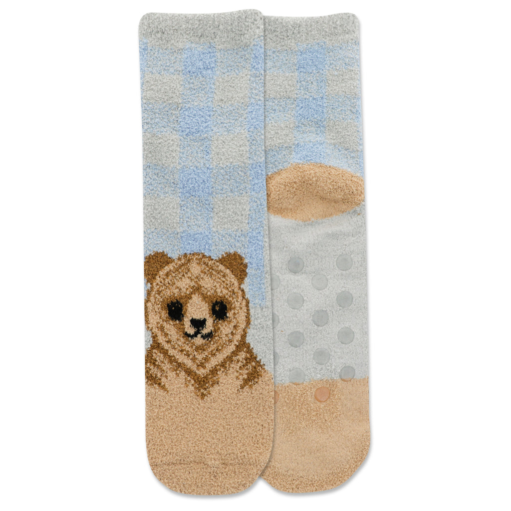 Hot Sox Womens Bear Cozy Gripper Short Sock are Anklets. Colors are Periwinkle and Grey Checkerboard on Top with Grey at Cuff. The Bear starts at Toes to the Top of the Foot. His Colors are Titian Red, Russet, and Black for Eyes, Nose, and Mouth.