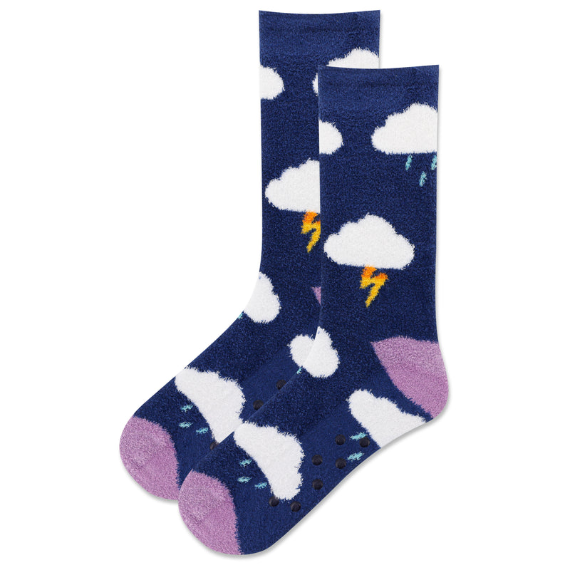 Hot Sox Womens Clouds Non-Skid Slipper Socks starts with a Navy background. The Clouds and Rain are White. Heels and Toes are Lavender. The middle Cloud has a Bolt of Lightning. It is Mango Tango and Amber. Non-Skids are Clear Rubber on the bottom.