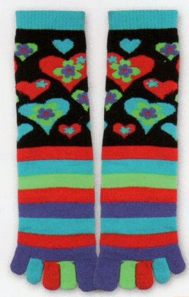 Tube Socks become Toe Socks! They are decorated with Bright Colors  of Hearts, Flowers and Stripes. Red, Turquoise, Purple and Green.
