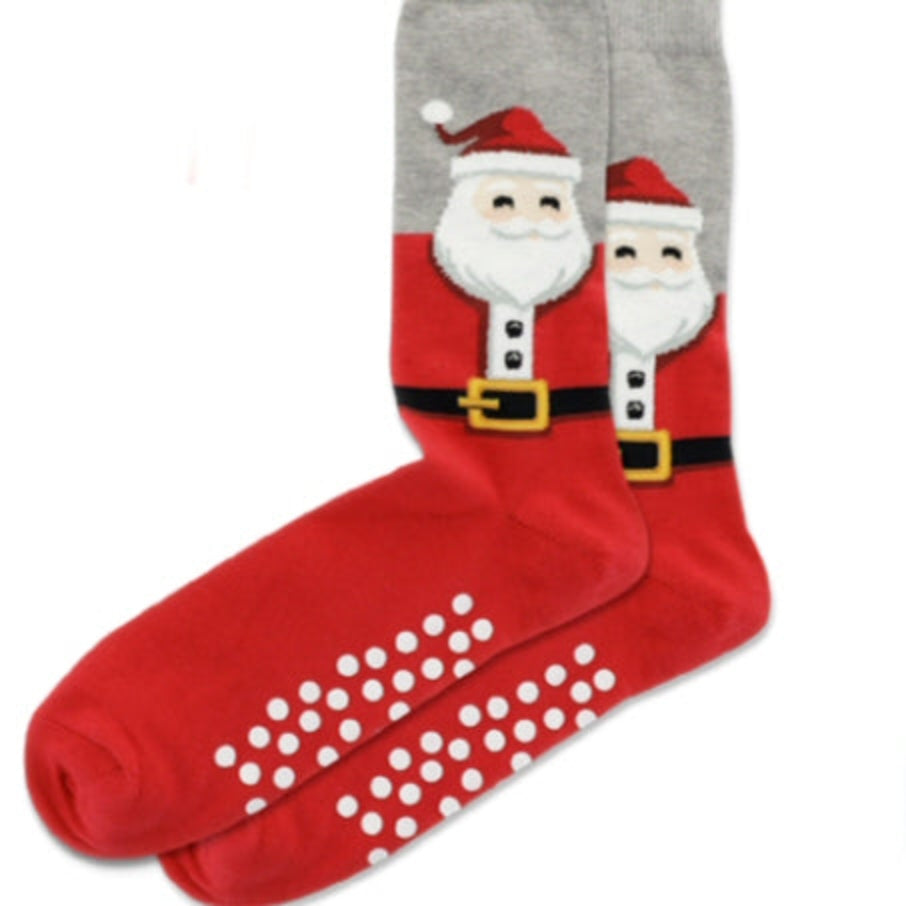 Hot Sox Mens Fuzzy Santa Non Skid Socks are Bright Red and Medium Grey. Santa has a Red Hat with White Fur Rim and Ball. He has a White Beard, Mustache and Eye Brows. He has a button down coat with His Black Belt with Gold Buckle.