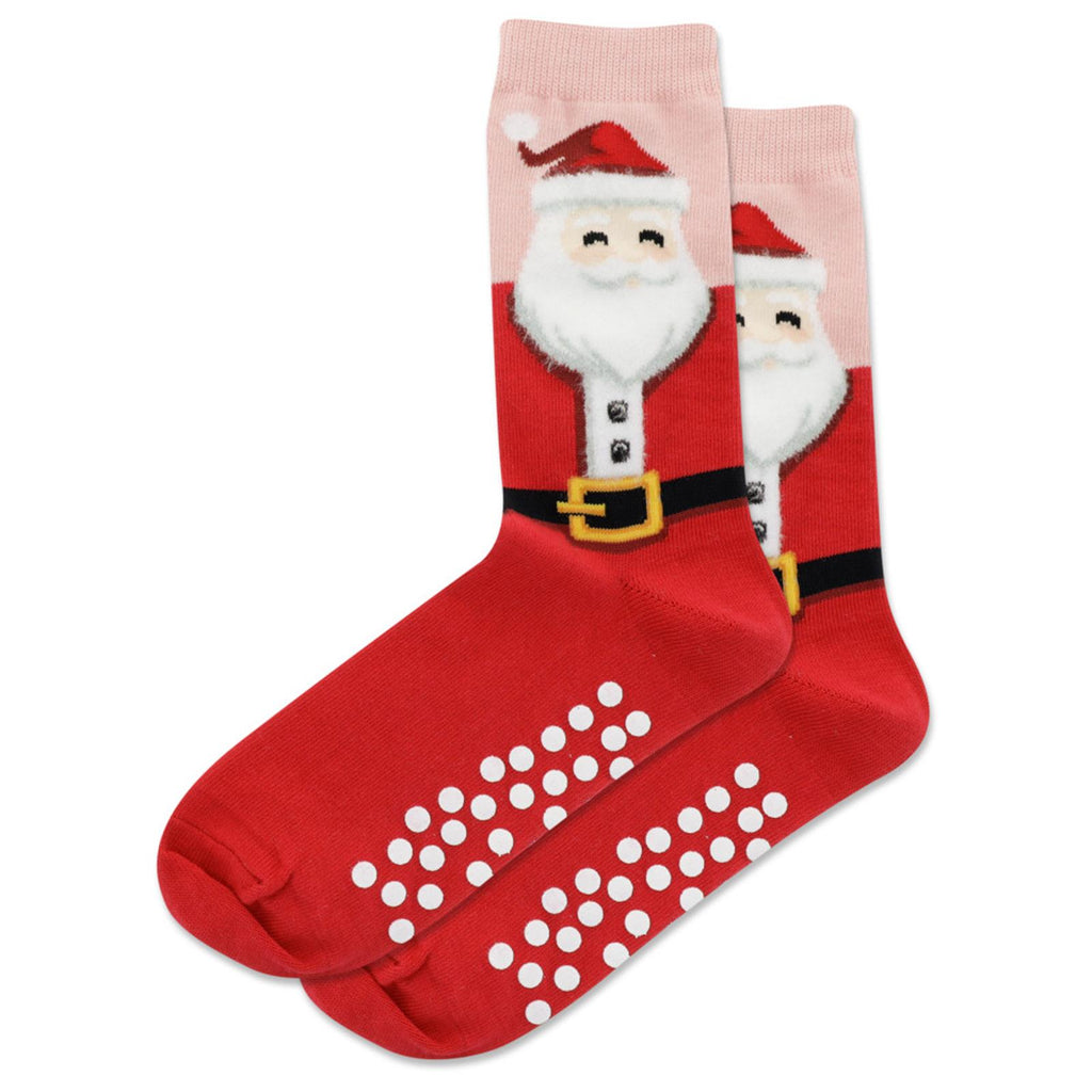 Hot Sox Womens Fuzzy Santa Non Skid Socks are Red and Pink. Santa's Suit and Hat are Red with White Fur. Santa has a Black and Gold Belt. White Dots are Non Skid.