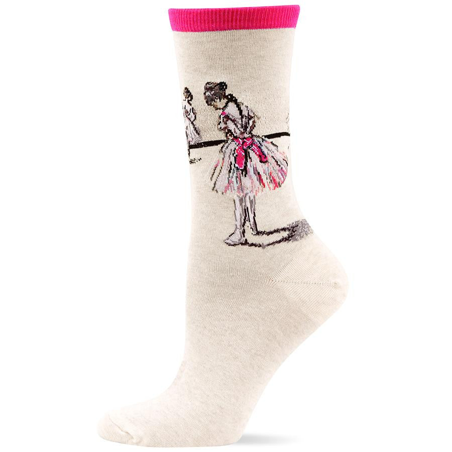 Hot Sox Degas Study of Dancer Sock starts on an Oatmeal Heather background. Hot Pink is the Cuff and The Bow and diffuse some in her Romantic Tutu. She is drawn with Black Charcoal and White Pastel with Brown for her Hair.