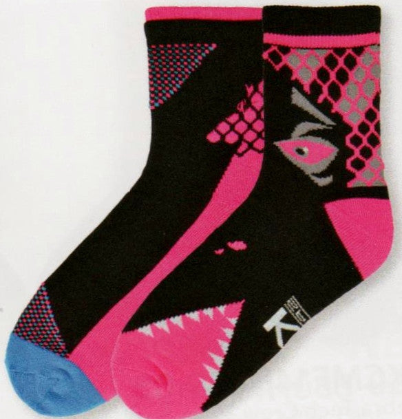 K Bell Mens Monster Bite Hi Top Crew Sock 2 Pair Pack is Black and Hot Pink. The Eye and Mouth are Hot Pink. The other Sock is Black, Pink and Blue.