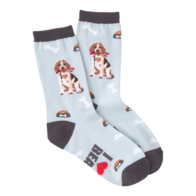K Bell Beagle Sock is on a Turquoise Green Blue background with Black Cuffs, Heels and Toes. The Beagle is Brown, Rust, Tan and Black. The Sock has White Bones all over and White Bones on the Dog Dish that is Black and has food in it. On the bottom of the Sock reads, " I Love My Beagle."