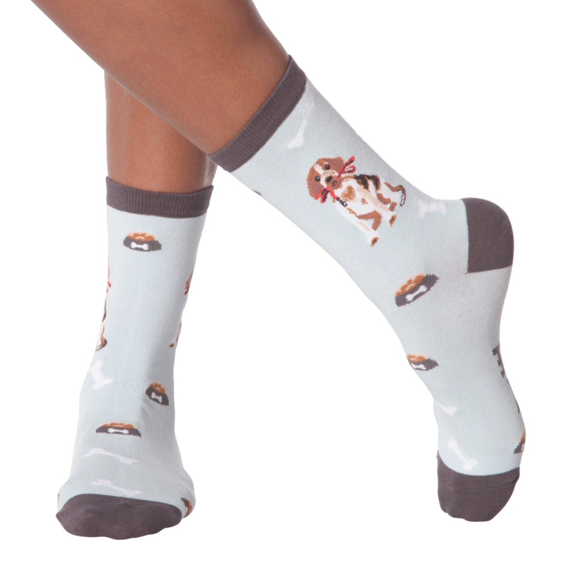 K Bell Beagle Sock is pictured here on a Model.  It shows the side and front view of the Sock. The side view has the Beagle holding a Red Leash sitting and ready to go for a walk.
