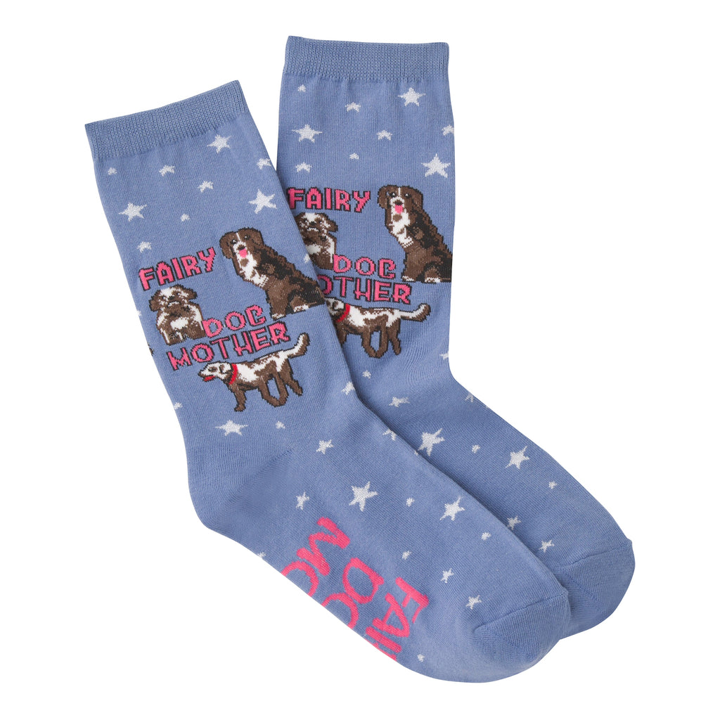 K Bell Fairy Dog Mother Sock is on a Blue background with White Five Star Fairy Dust all over. There are 3 Dogs waiting for Adoptions after their Fairy Dog Mom spiffed them up to look their best.  Fairy Dog Mother is written around the 3 Dogs and on the bottom of the Sock also reads, Fairy Dog Mom. 