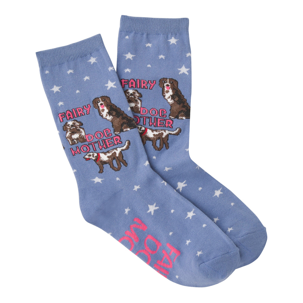 K Bell Fairy Dog Mother Sock is on a Blue background with White Five Star Fairy Dust all over. There are 3 Dogs waiting for Adoptions after their Fairy Dog Mom spiffed them up to look their best. Fairy Dog Mother is written around the 3 Dogs and on the bottom of the Sock also reads, Fairy Dog Mom.