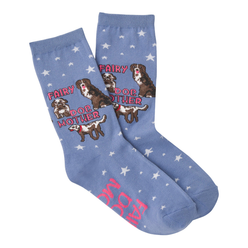 K Bell Fairy Dog Mother Sock is on a Blue background with White Five Star Fairy Dust all over. There are 3 Dogs waiting for Adoptions after their Fairy Dog Mom spiffed them up to look their best.  Fairy Dog Mother is written around the 3 Dogs and on the bottom of the Sock also reads, Fairy Dog Mom.