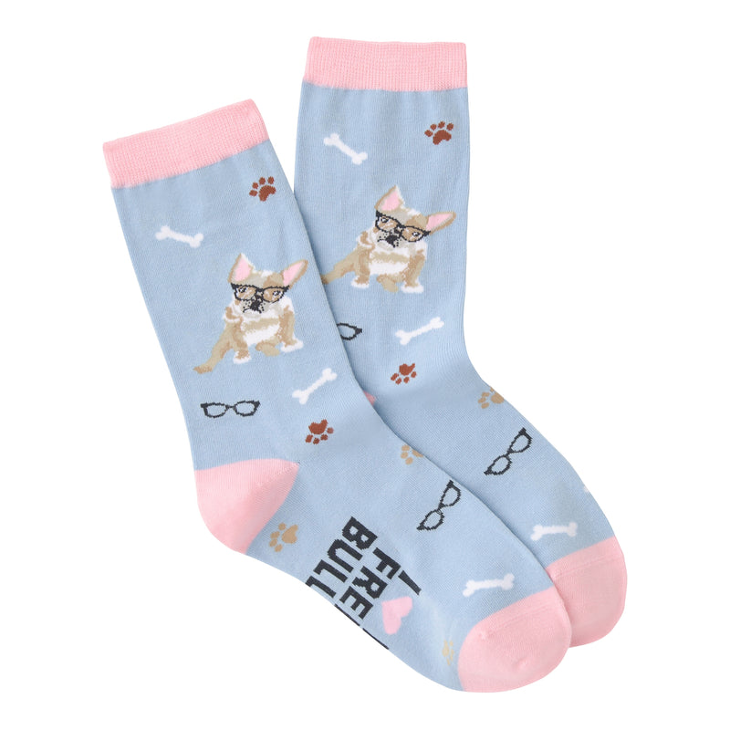 K Bell French Bulldog Sock begins on Powder Blue background with Melon Cuffs, Heels and Toes. The French Bulldog is White Fawn and Brown with Black for Snout and Eyes plus Glasses on the Dog and all over the Sock. Melon for Ears. White Bones are on the Sock with Paw Prints in Brown and Caput Mortuum.  On the bottom of the Sock reads, "I Love (Heart) My French Bulldog"