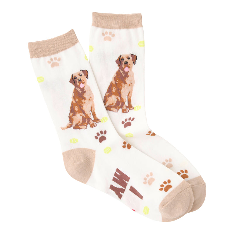 K Bell I Love My Lab Sock starts on a background of Oatmeal. The Cuffs, Heels and Toes are Lion. The Paws all over the Sock are in Brown and Seal Brown. The Lab is made with all three brown colors with Black and White for details. The tongue is Pink. I Love My Lab is on the Bottom Foot in Seal Brown and Red Heart.