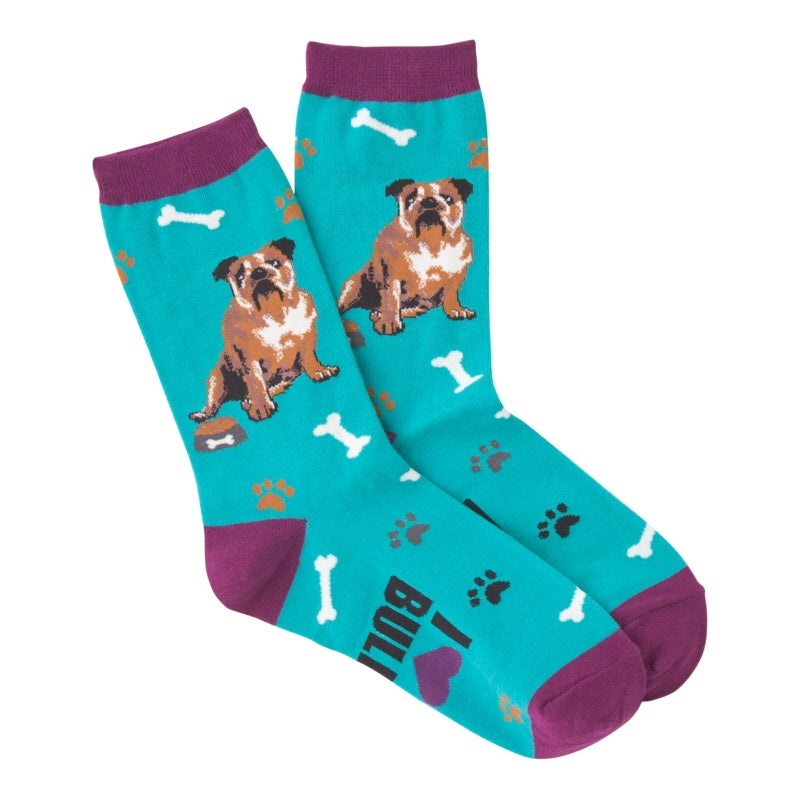 K Bell I Love My Bulldog Sock is Blue and Tyrian Purple on Cuffs Heels and Toes, it also is the color of the Heart in the words. The Bulldog is in Browns Black and White. Paw prints are all over in different colors  as well as White Bones. The words say, "I Love (with a heart) my Bulldog"