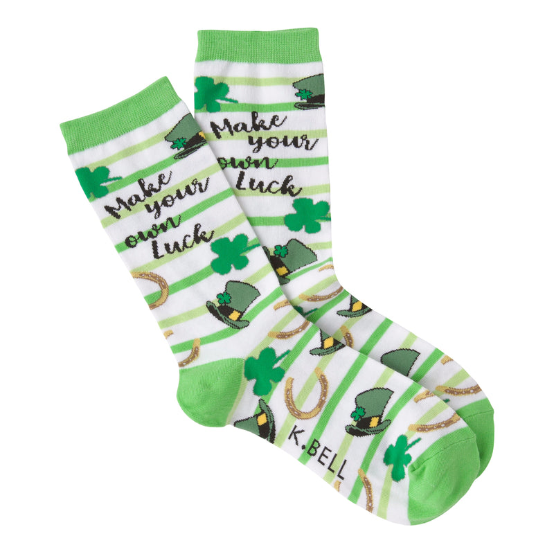 K Bell Make Luck Sock starts on a White Background with Hunter Green as the Dark Leprechaun Hat with Black Band and Gold. The Four Leaf Clover is Dark Spring Green and The Cuff, Heels and Toes are Emerald along with the Horizontal Lines and the last Horitonal Lines are Lime. Then the Gold Horseshoe holds the Good Luck!