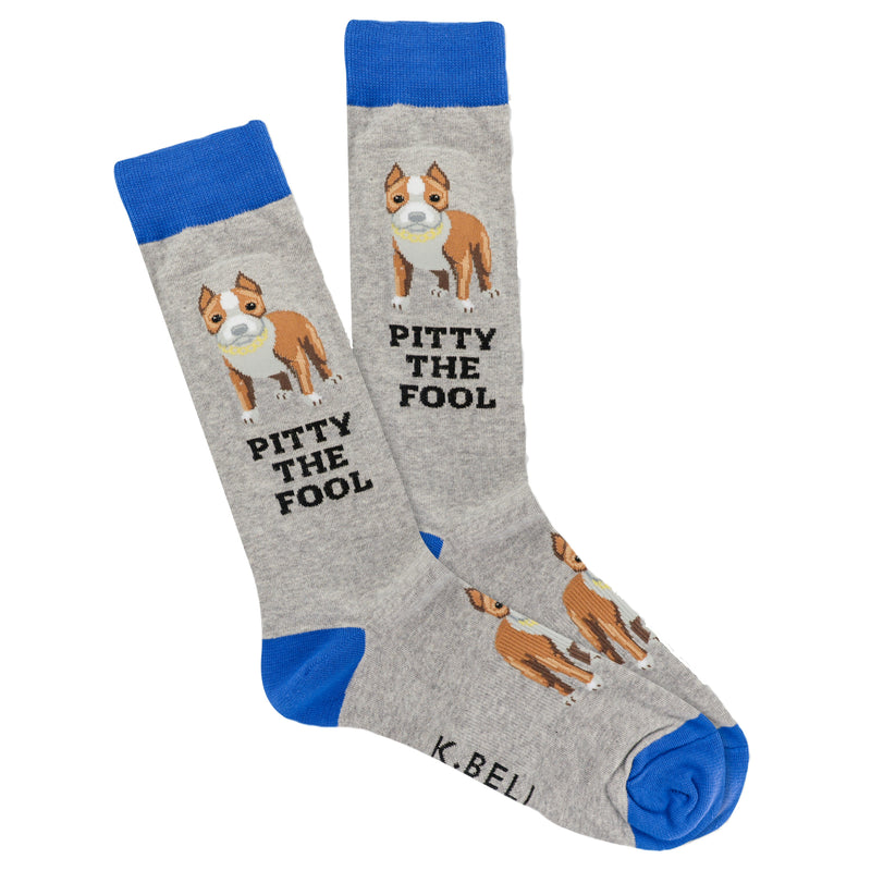 K Bell Pitty The Fool Sock on Grey Heather, Blue Cuffs, Heels and Toes. Cute Pit Bull with words Pitty The Fool.