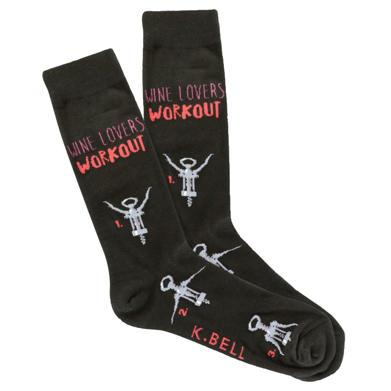 K Bell Mens Wine Lovers Workout Socks starts on a Black background with Words at the Top below the Cuff in Wine and Claret. The Numbers 1-3 are also in Claret. The Winged Corkscrews are Jet and White.