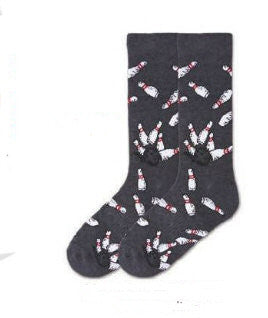 K Bell Mens American Made Bowling Sock starts with a Heather Grey background. White Pins with two Red Lines are being knocked around by a Heather Grey and Black Bowling Ball.