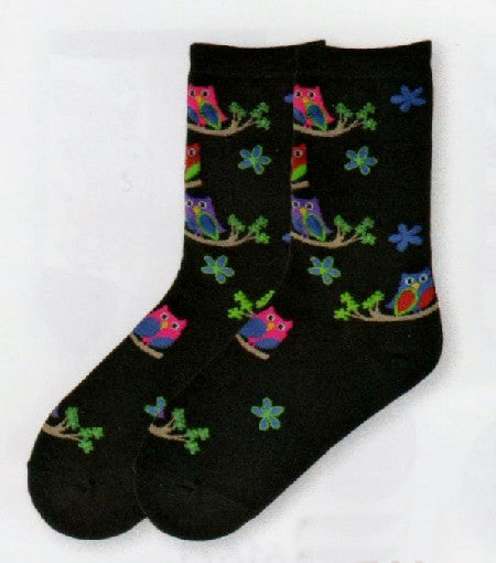 K Bell Womens Colorful Owls Sock in Black with close looking Owls to Girls style.
