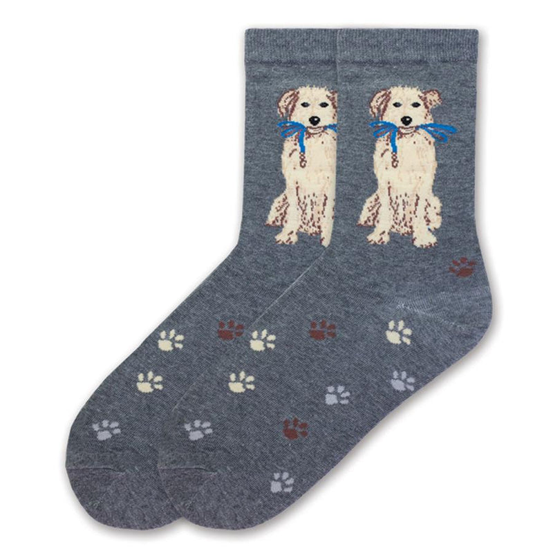 K Bell Dog Walk Sock begins with a Charcoal Heather background. On the Top of the Foot are Cream, Grey and Redwood Paw Prints. Under the Cuff is the Pup that wants the walk with a Bright Blue Leash in his mouth. He is Cream and Honey with Redwood Lines for detail.